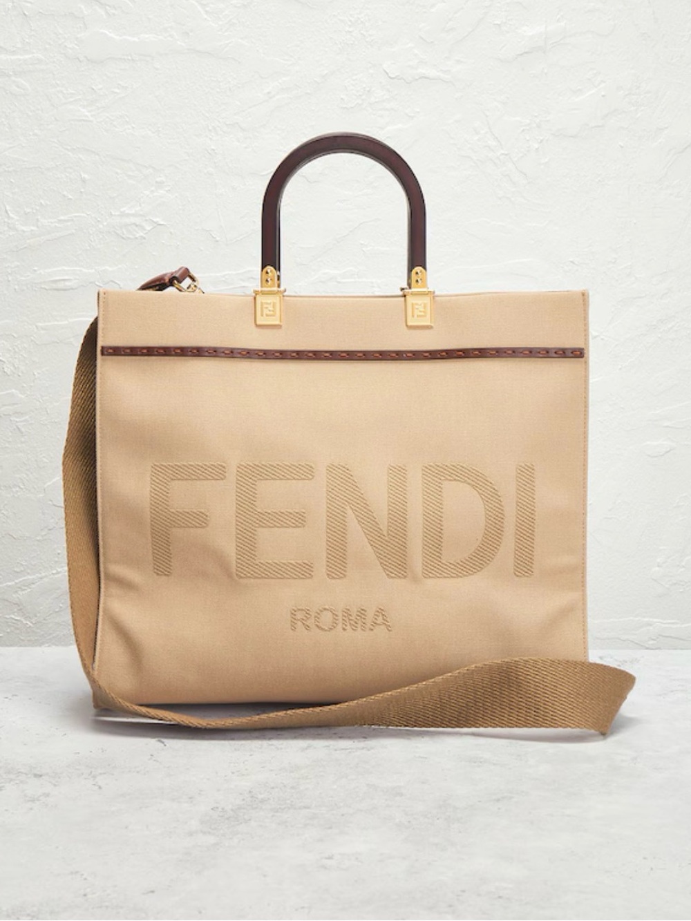 Fendi Sunshine Beige Tote with wooden Brown Handles and original strap